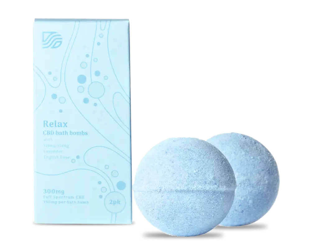 Duo Senses Relax CBD bath bombs 2-pack with box featuring lavender English rose and ylang ylang for calm and relaxation