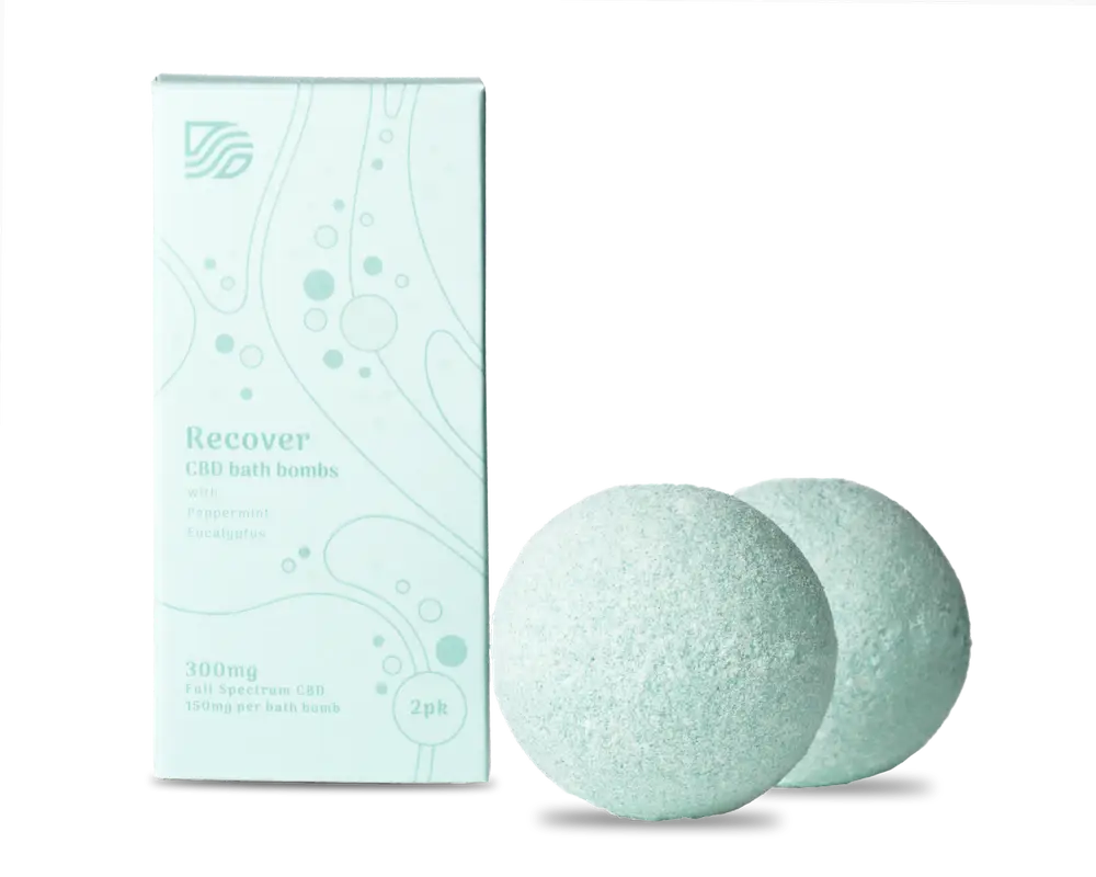 Duo Senses Recover CBD bath bombs 2-pack with box featuring peppermint and eucalyptus for muscle recovery
