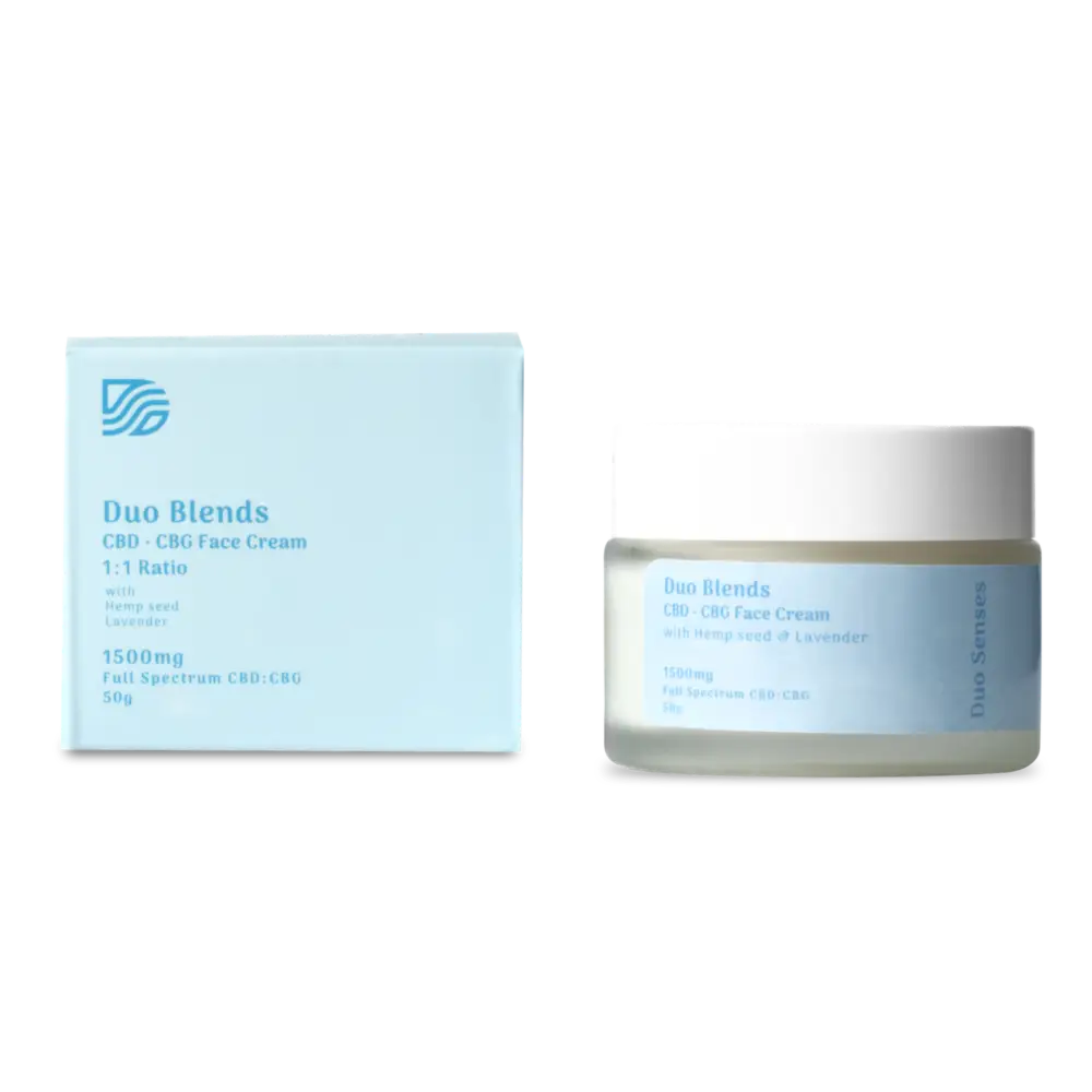 Duo Senses hydrating CBD CBG face cream main product image with coconut and lavender for anti-aging skincare
