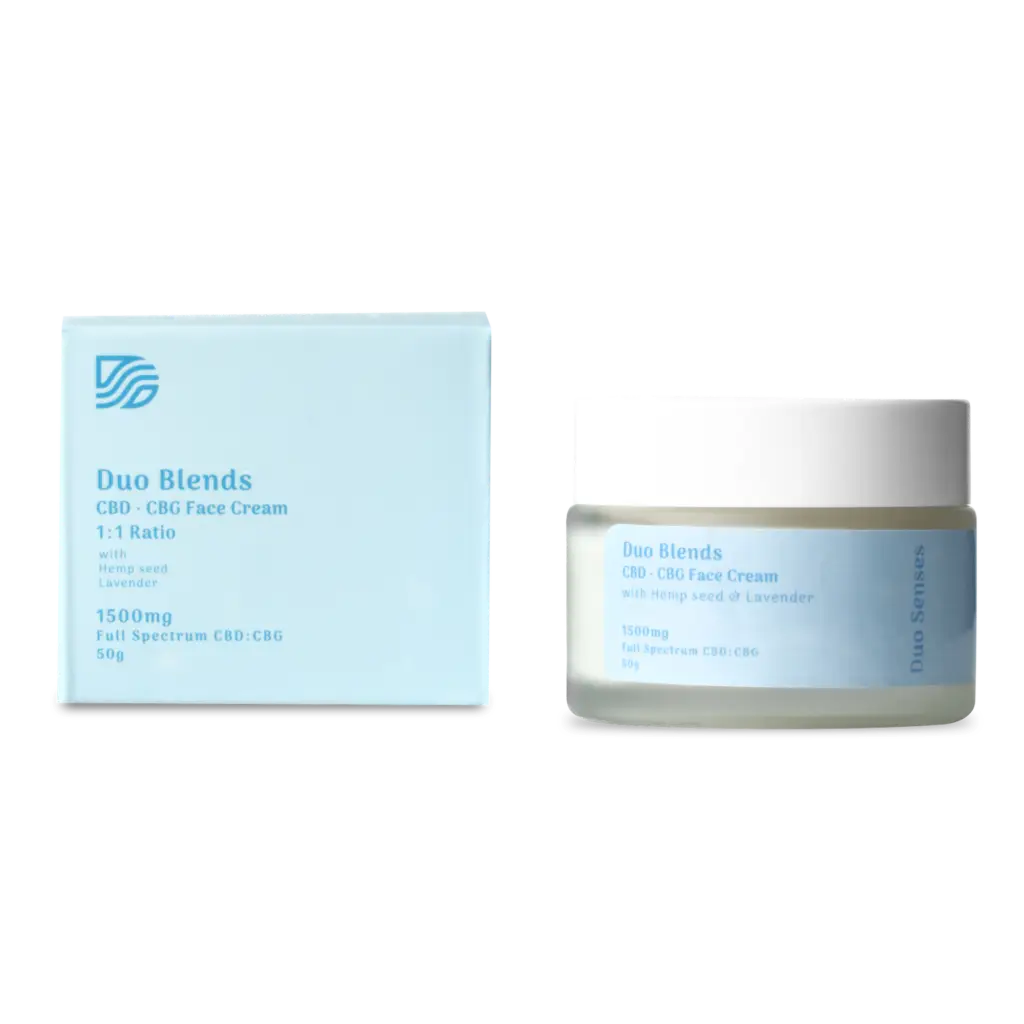 Duo Senses hydrating CBD CBG face cream main product image with coconut and lavender for anti-aging skincare