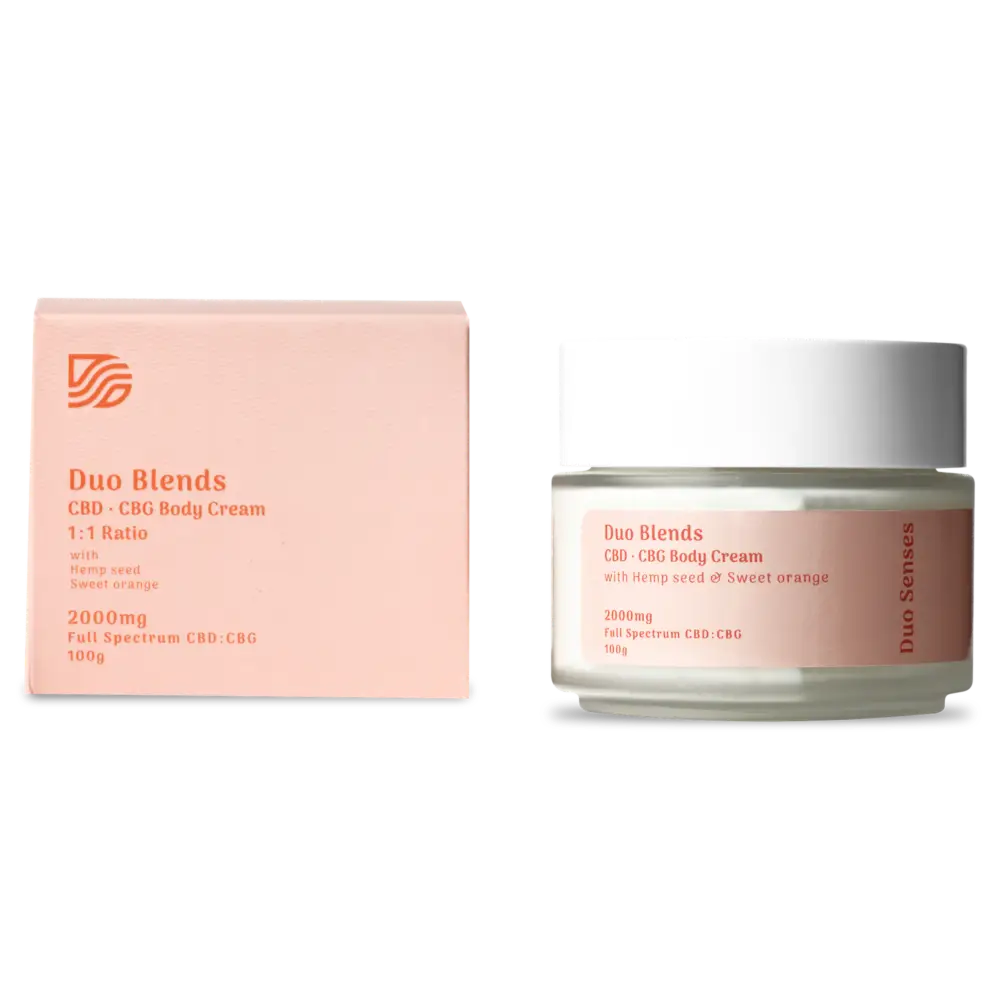 Duo Senses nourishing CBD body cream with sweet orange and lavender essential oils for skin hydration and wellness