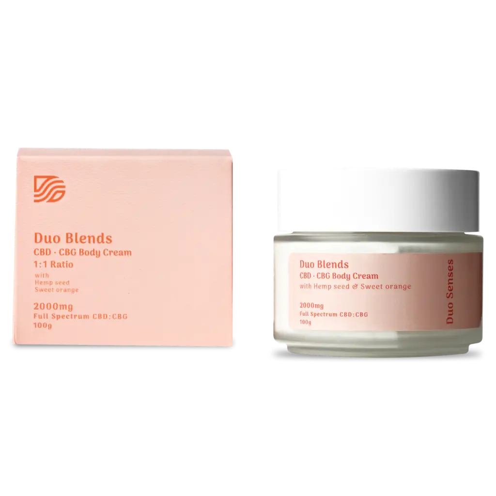 Duo Senses nourishing CBD body cream with sweet orange and lavender essential oils for skin hydration and wellness