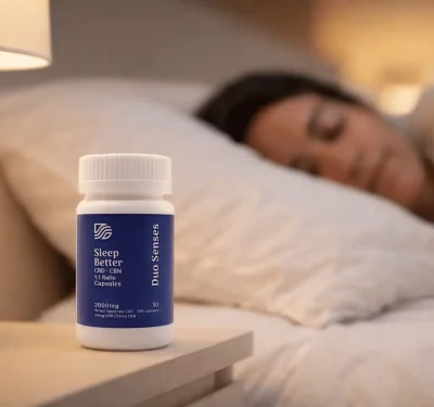 Person sleeping peacefully after taking Duo Senses CBD CBN sleep capsules for rest and recovery