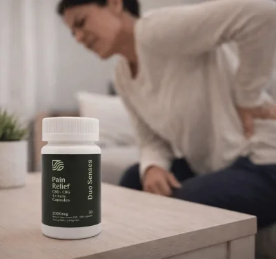 Person with back pain holding Duo Senses CBD CBG pain relief capsules for inflammation and discomfort